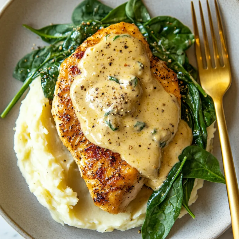 Ein Stück Hähnchen, überzogen mit cremiger Sauce.