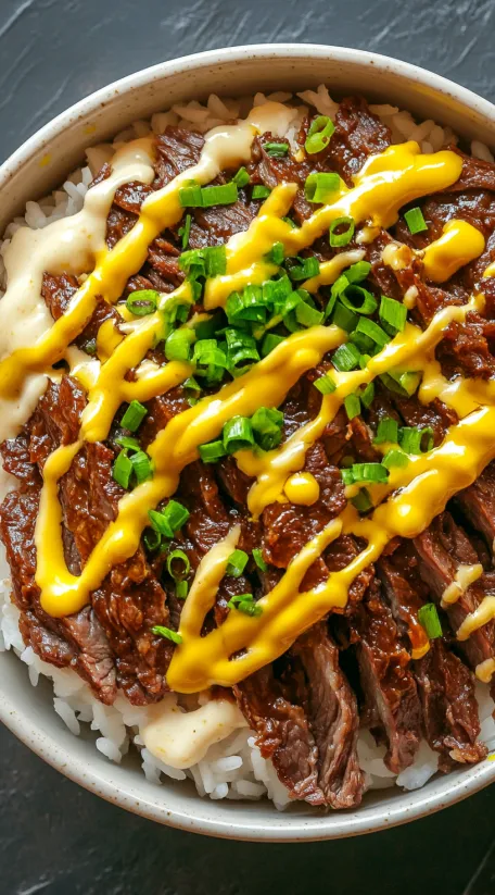 Nahaufnahme einer Schale mit Rindfleisch und Käse.