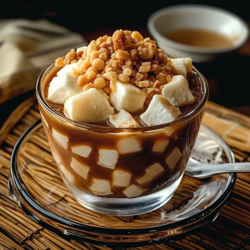 Eine Tasse Taho Delight mit Nüssen bestreut.
