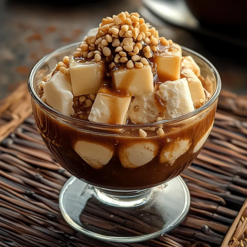 Ein Glas Taho Delight mit Nüssen oben drauf.