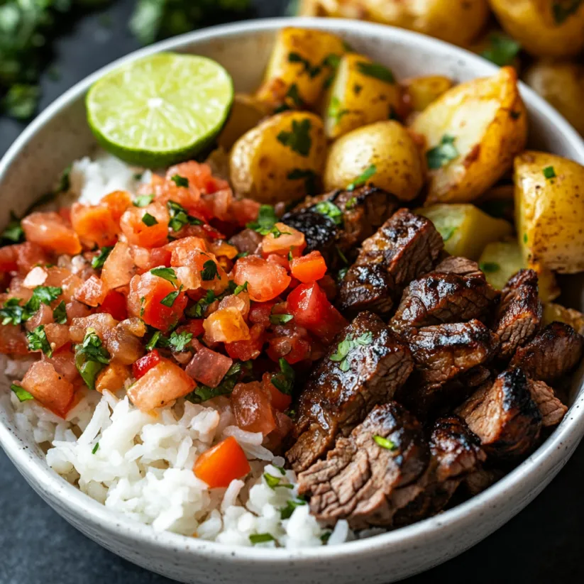 Eine Schüssel mit Reis, Fleisch, Kartoffeln und Limette.