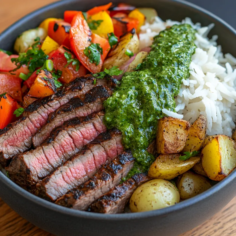 Eine Schüssel mit Fleisch, Gemüse und Kräutern.