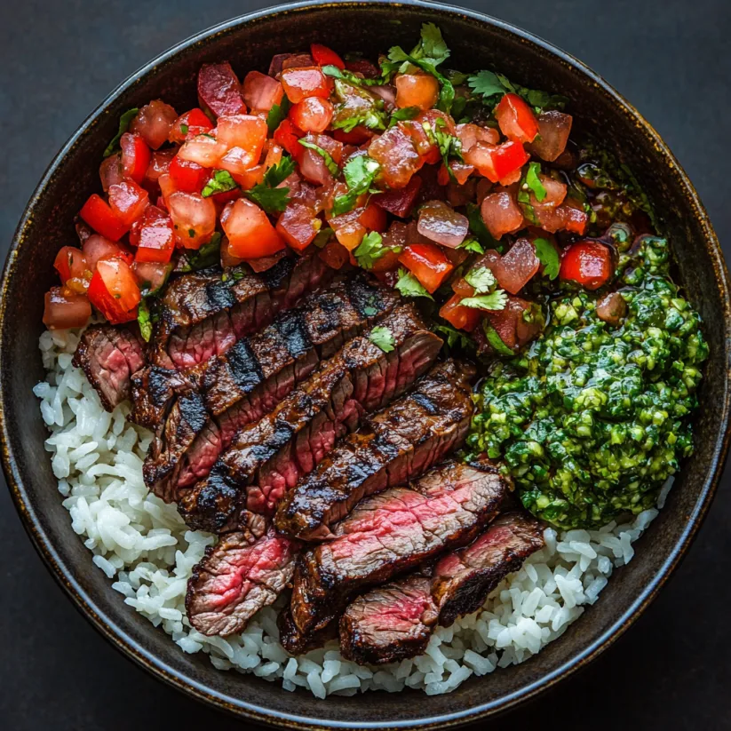 Eine Bowl mit Reis, Steak und buntem Gemüse.