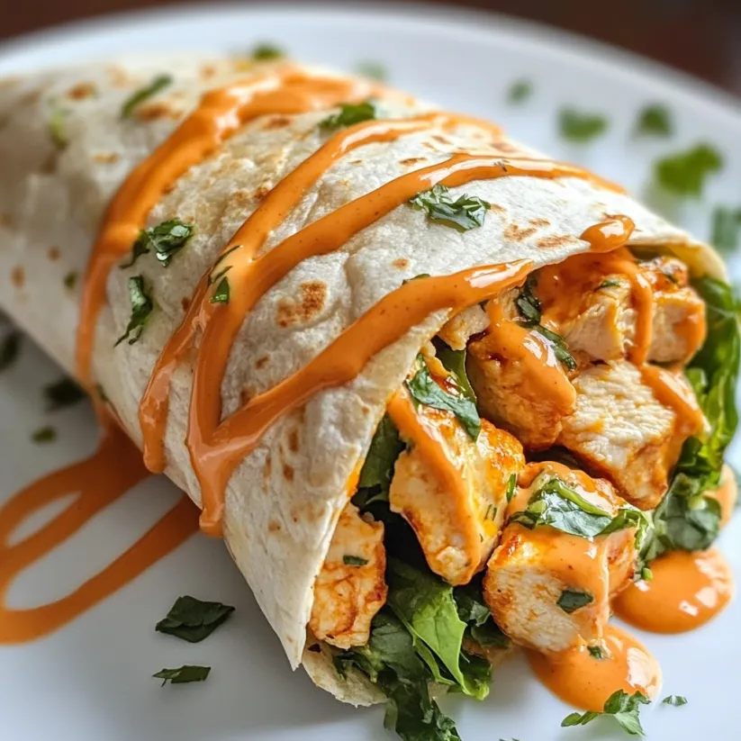 Ein Buffalo Chicken Wrap mit reichlich Sauce und Salat.
