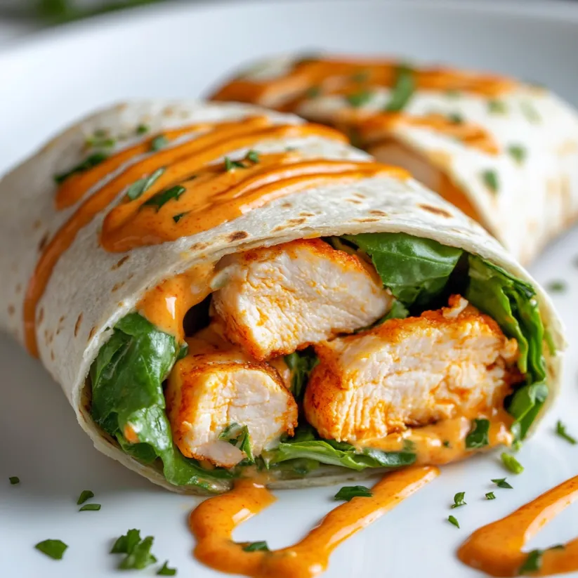 Ein Buffalo Chicken Wrap, aus dem etwas Sauce läuft.