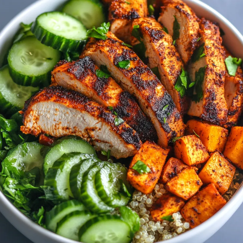 Eine Bowl mit Hähnchen und Süßkartoffeln.