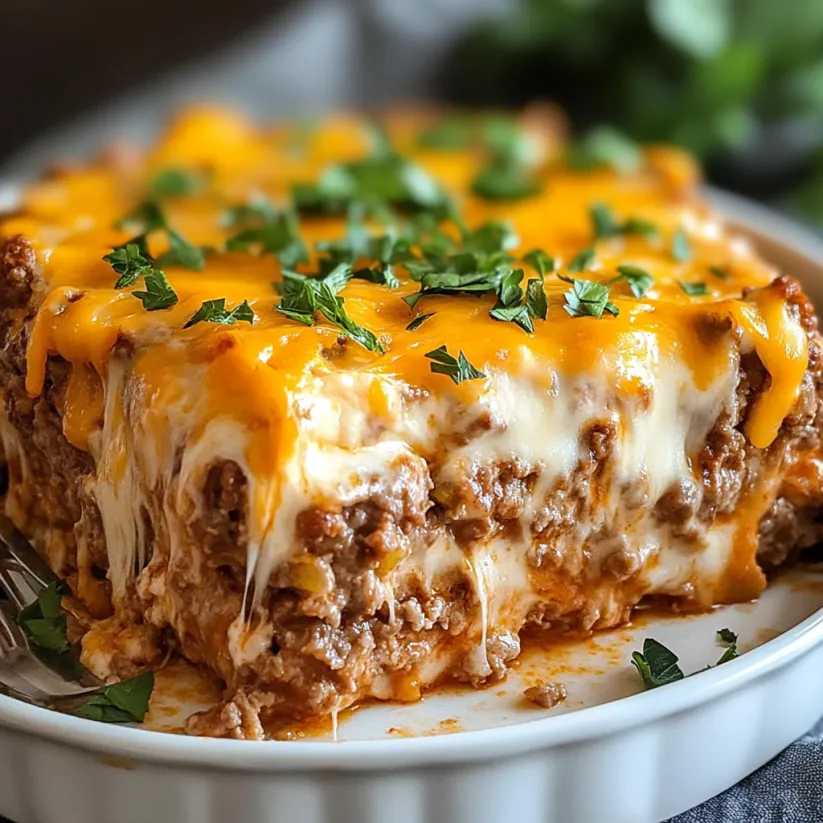 Ein käsiger Auflauf mit Hackfleischschicht ist servierbereit.