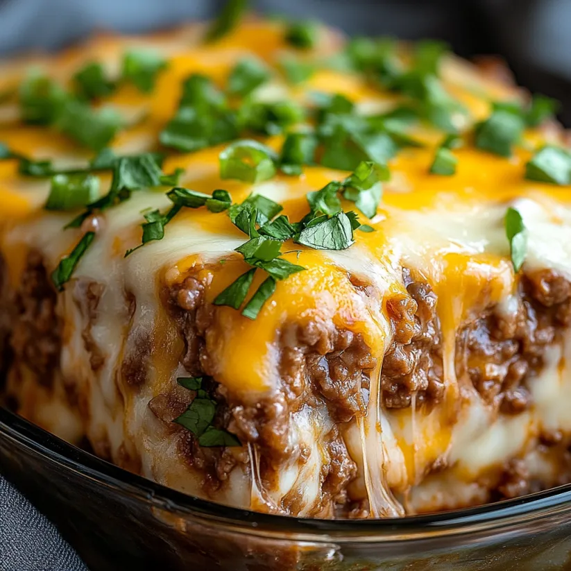 Nahaufnahme von leckerem Käse-Hackauflauf.