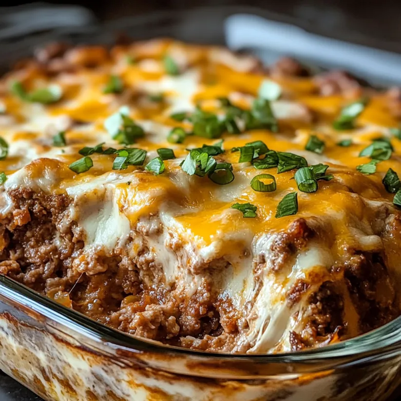 Ein Auflauf mit Fleisch und Käse.