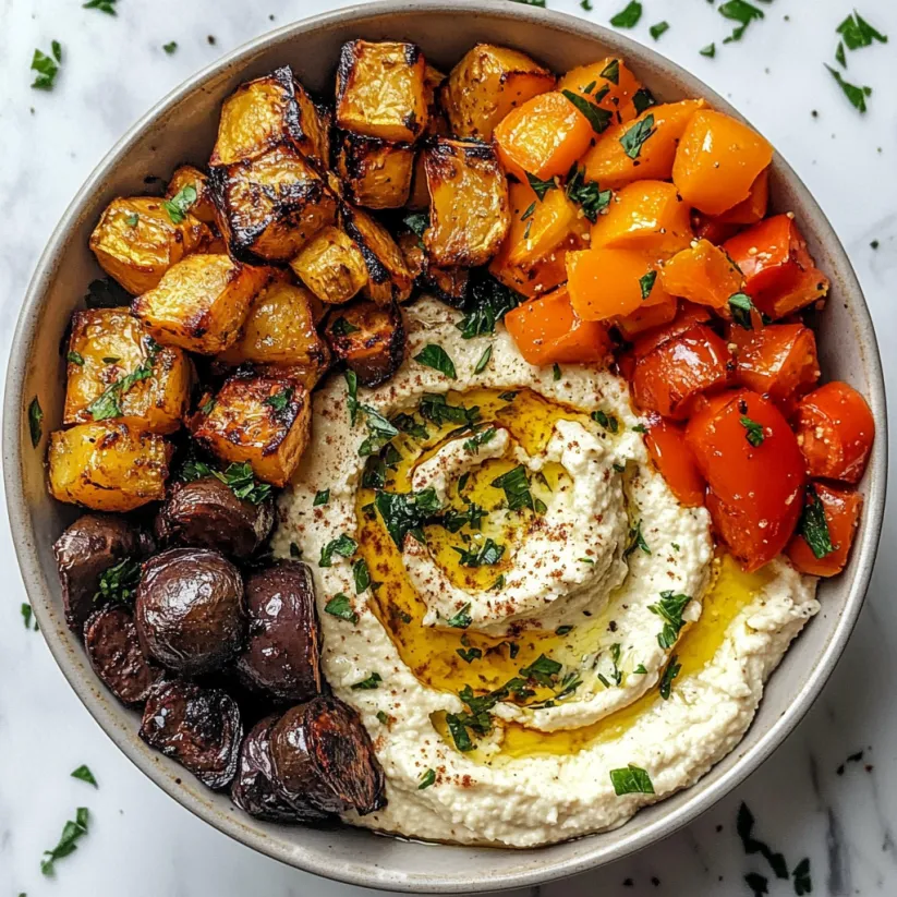 Eine Schale mit geröstetem Gemüse und Hummus.