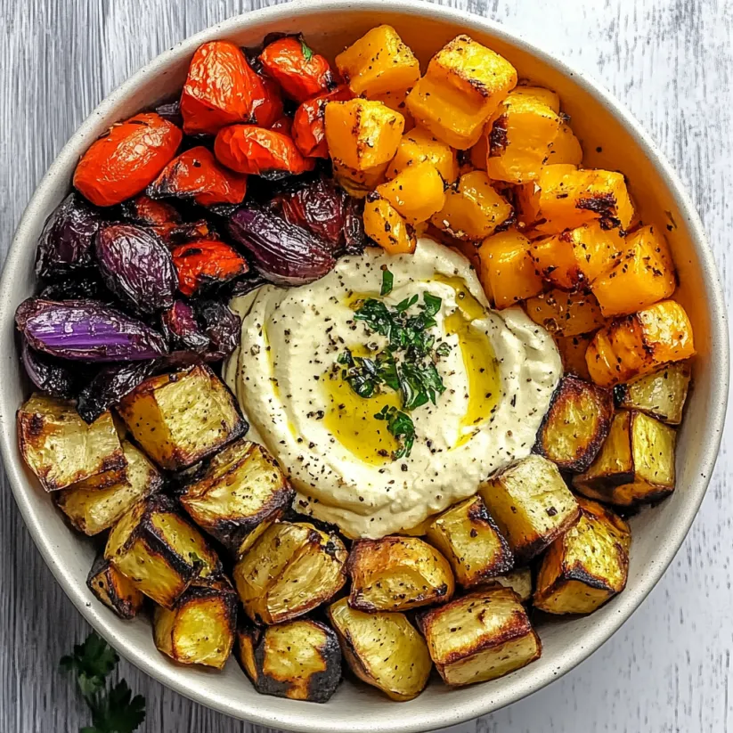Eine Schale mit geröstetem Gemüse und Hummus.