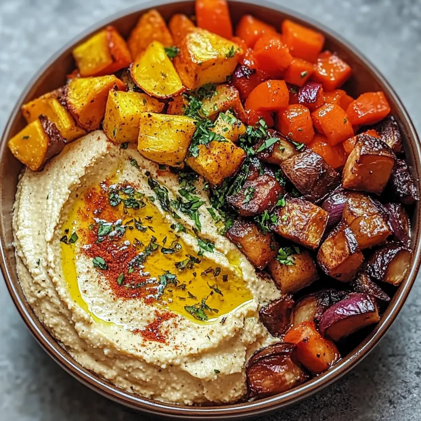 Eine Schale mit Ofengemüse und Hummus.