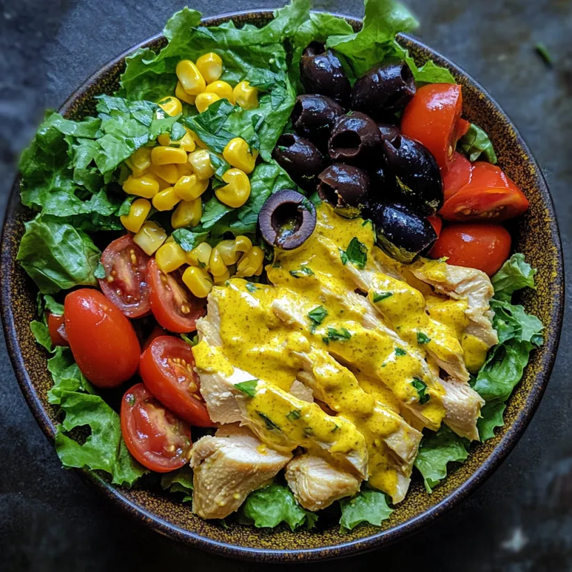 Eine Schale mit Salat, Hähnchen, Tomaten, Mais und Oliven.