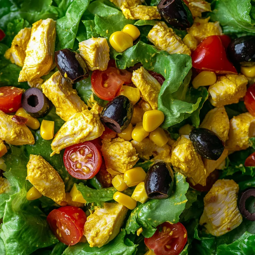 Ein Salat mit Hähnchen, Tomaten, Mais und Oliven.