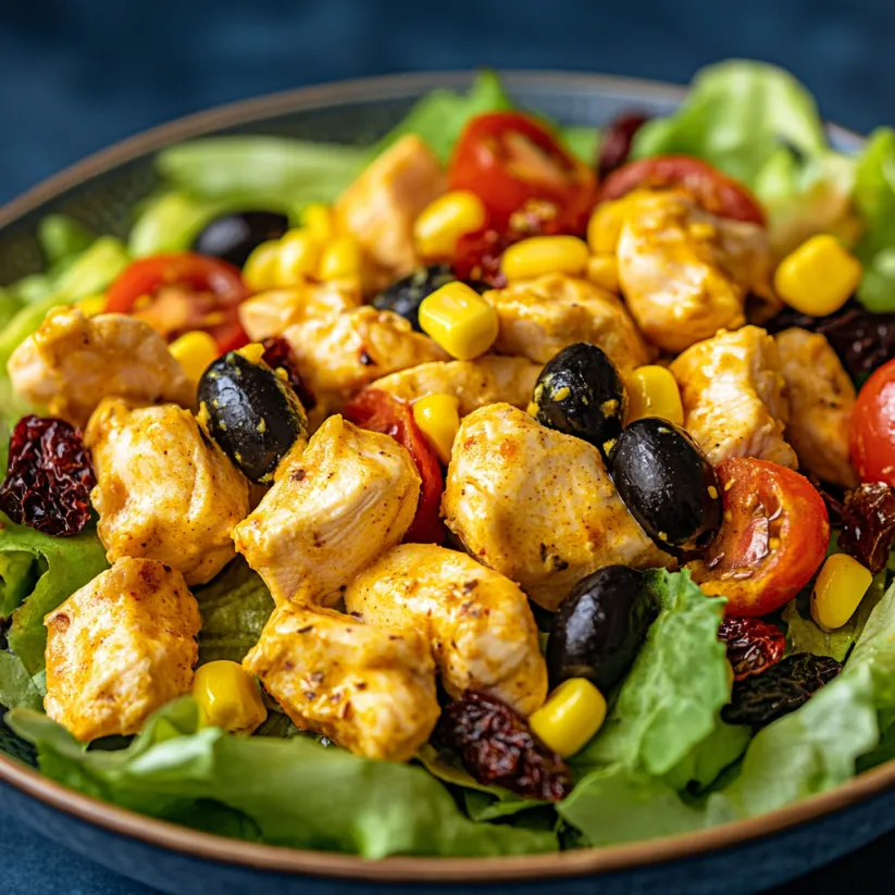 Eine Schüssel mit Hühnermix, Tomaten, Mais und schwarzen Oliven.