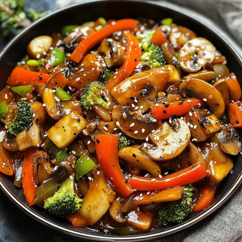 Eine Schüssel Wokgemüse mit Pilzen, Paprika und Brokkoli.