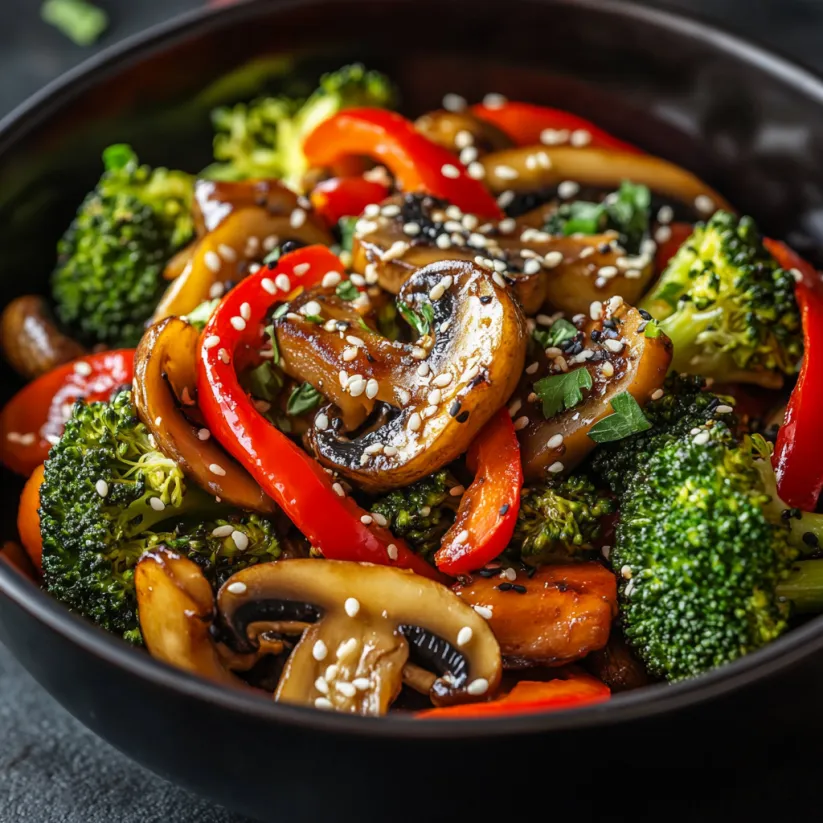Schüssel mit Wokgemüse: Brokkoli, Paprika und Pilze.