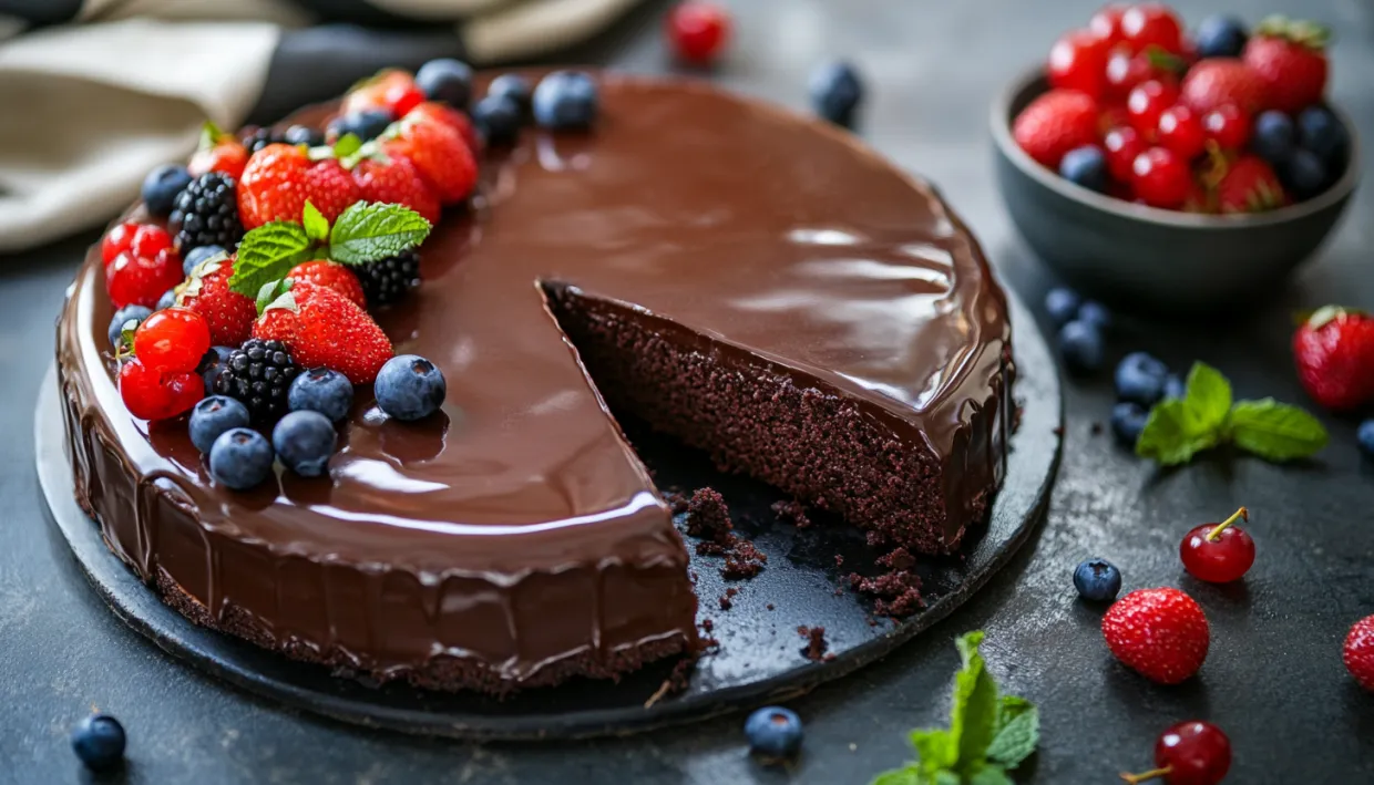 Ein Stück Schokoladenkuchen mit Erdbeeren obendrauf.