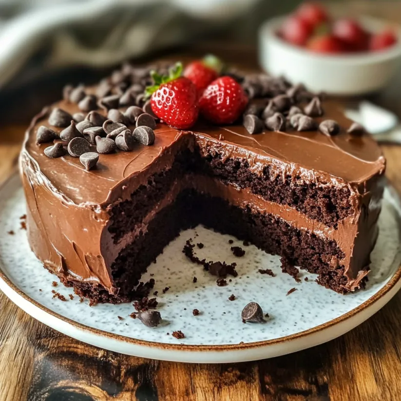 Ein Stück Schokoladenkuchen mit Erdbeeren obendrauf.