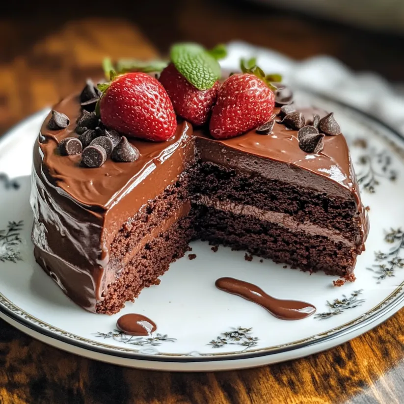Ein Schokokuchenstück mit Erdbeeren obendrauf.
