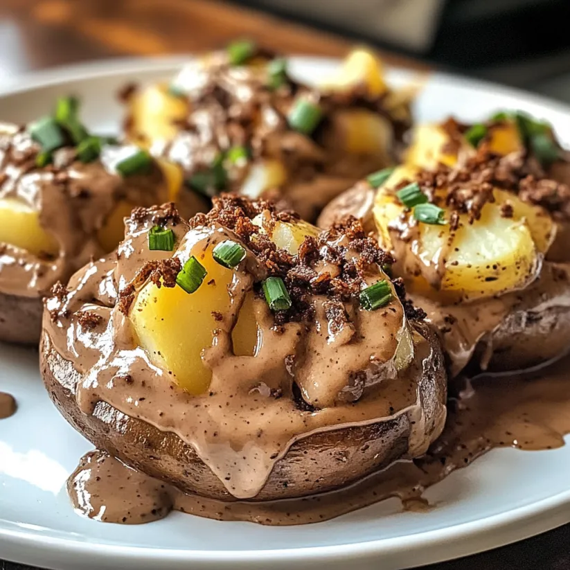 Ein Teller mit Kartoffeln und Schokoladensoße.
