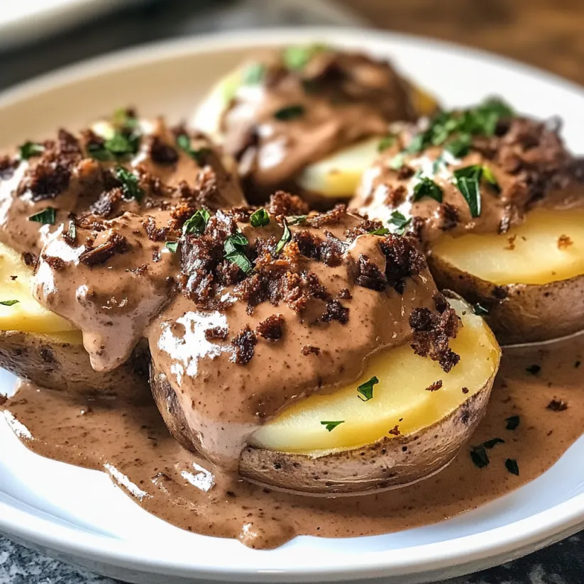 Ein Teller Kartoffeln mit Schokoladensoße oben drauf.