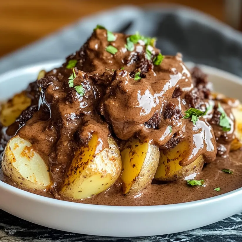 In einer Schüssel liegen Mississippi Mud-Kartoffeln und der Text "So machst du Mississippi Mud Kartoffeln Schritt für Schritt" steht drauf.