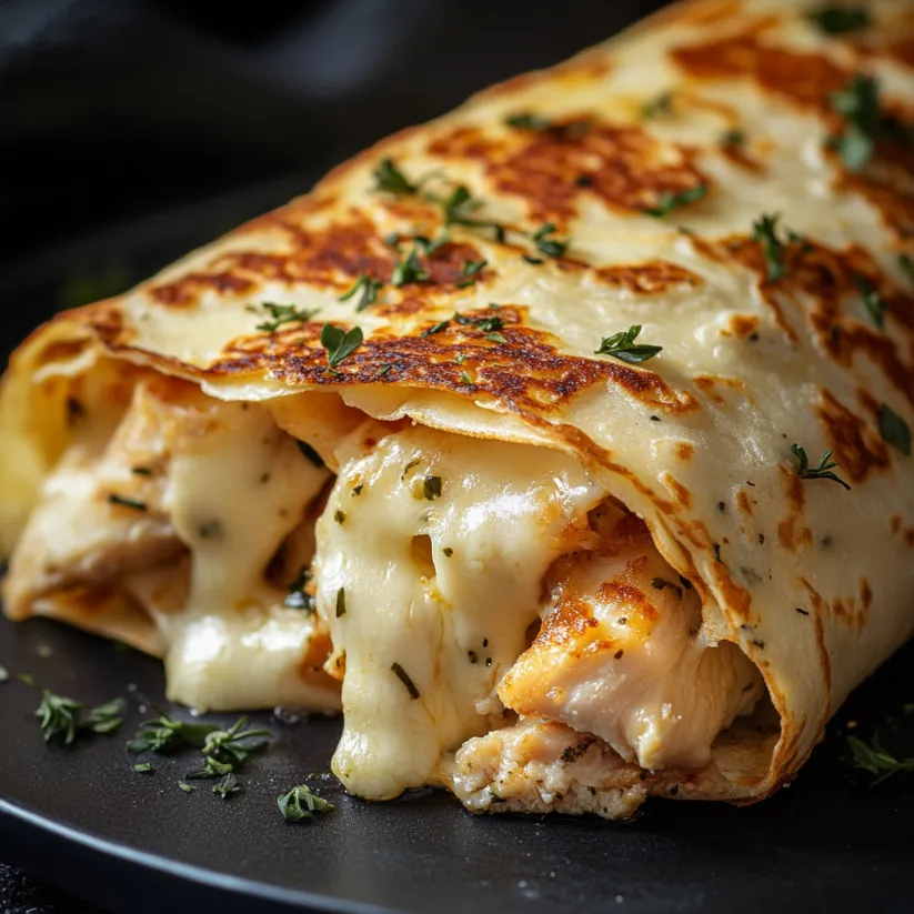 Ein käsiger Knoblauch-Hähnchen-Wrap auf einem Teller.