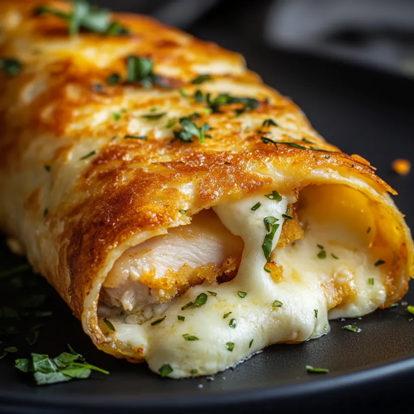 Auf einem Teller liegt ein Knoblauch Käse Huhn Wrap.