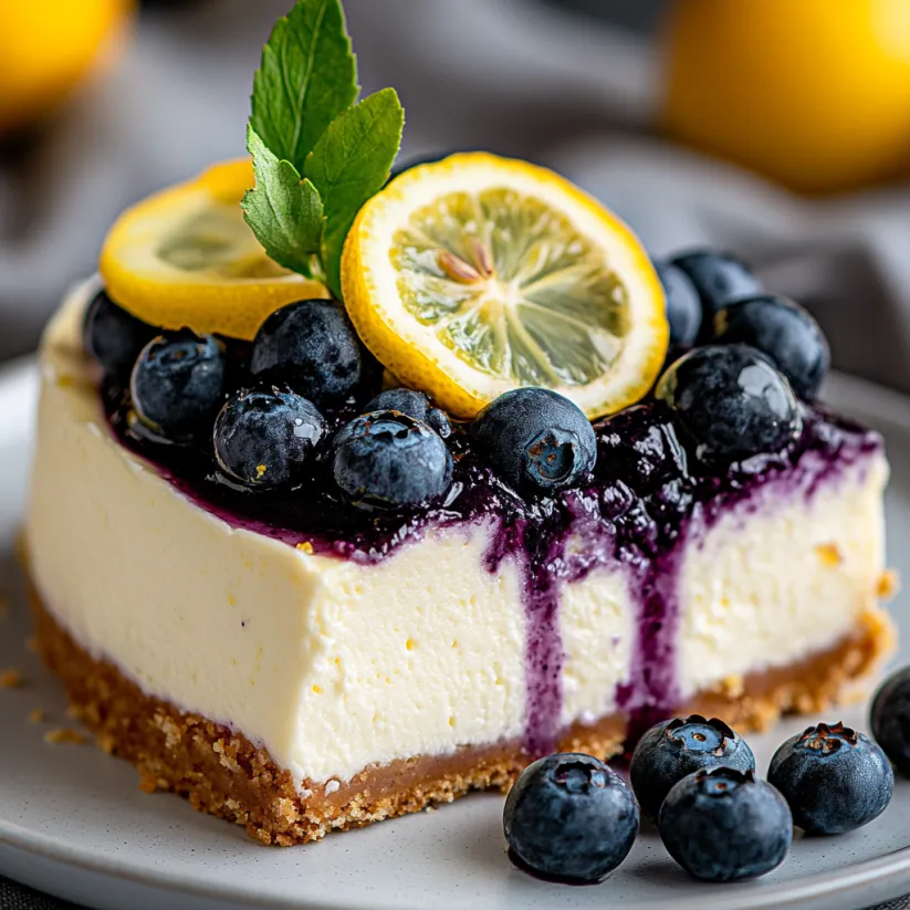 Ein Stück Blaubeer-Zitronen-Kuchen mit Zitronenschnitz obendrauf.