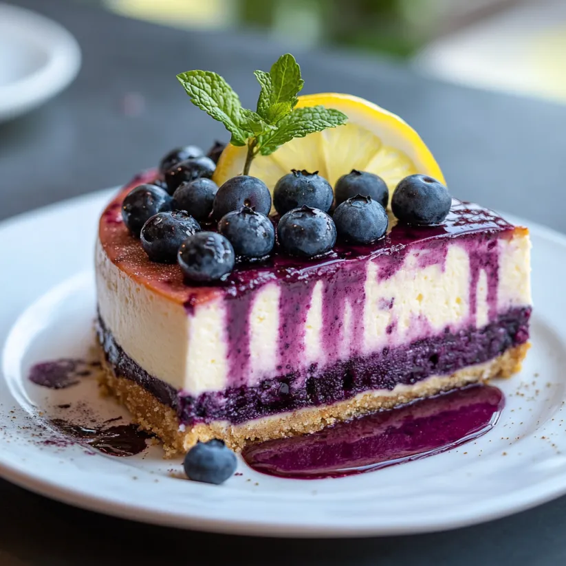 Ein Stück Blaubeer-Zitronen-Kuchen mit Zitronenschnitz obendrauf.