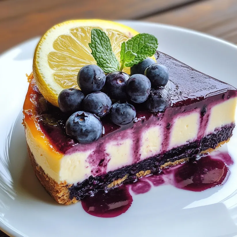 Ein Stück Blaubeer-Zitronen-Cheesecake mit einer Zitronenscheibe obendrauf.