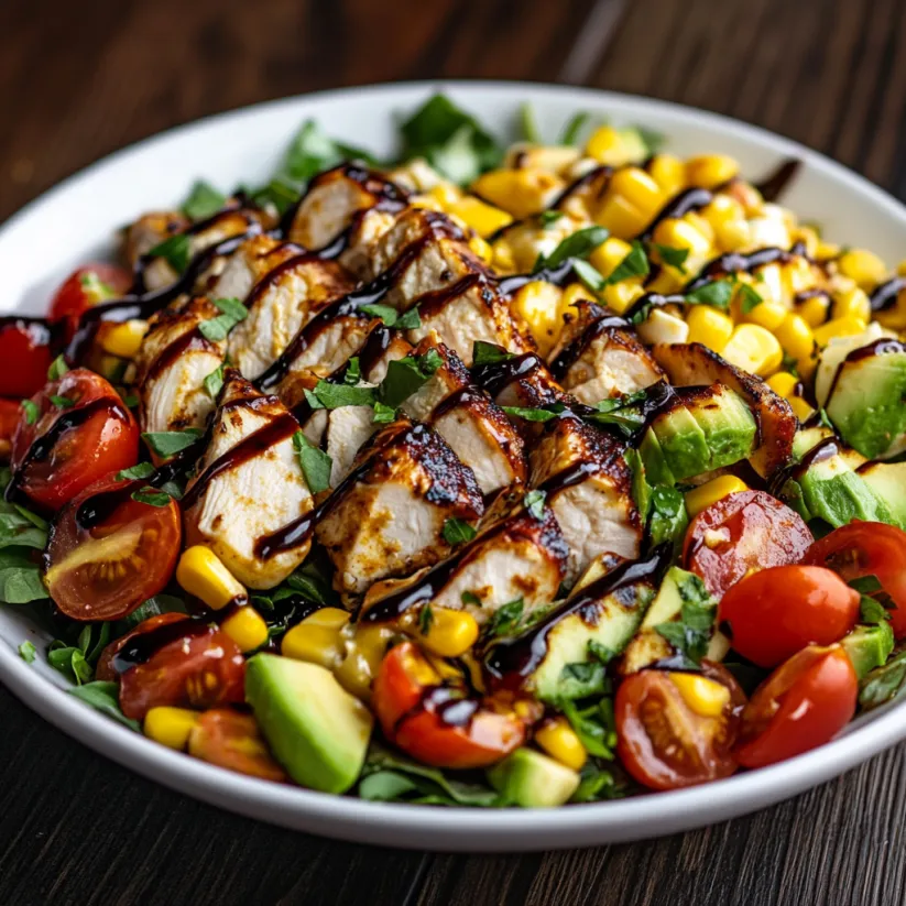 Teller mit Hähnchen, Avocado, Tomate und Speck.