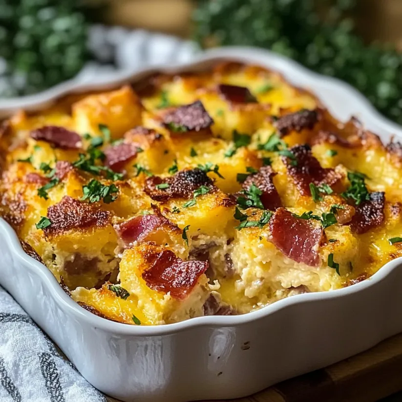 Eine weiße Schüssel mit Frühstücksauflauf.