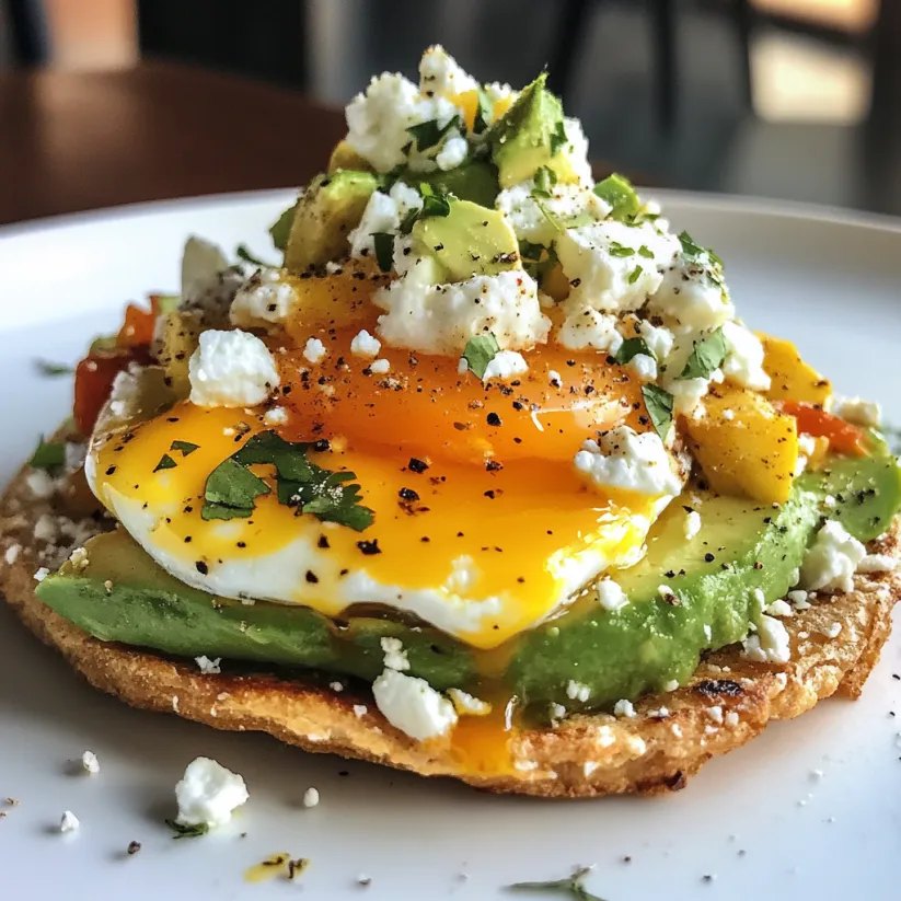 Frühstücksteller mit Spiegelei, Avocado und Käse.