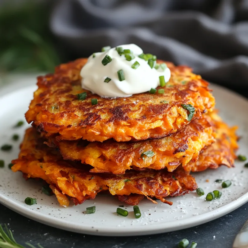 Ein Stapel Süßkartoffelrösti mit weißer Sauce oben drauf.