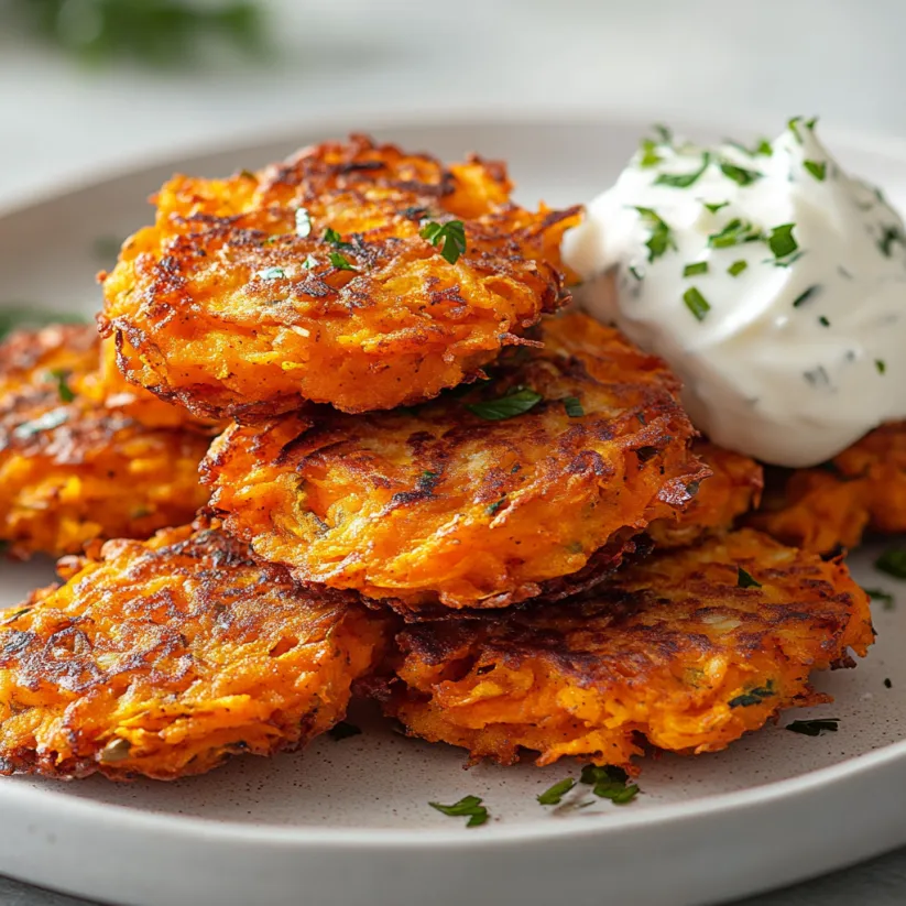 Teller mit Süßkartoffel Rösti und einem Klecks Sauerrahm oben drauf.