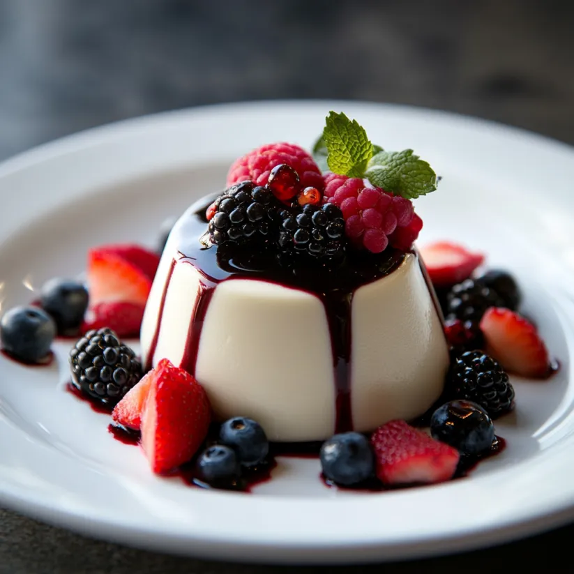 Ein Teller mit Dessert und Beerensoße.
