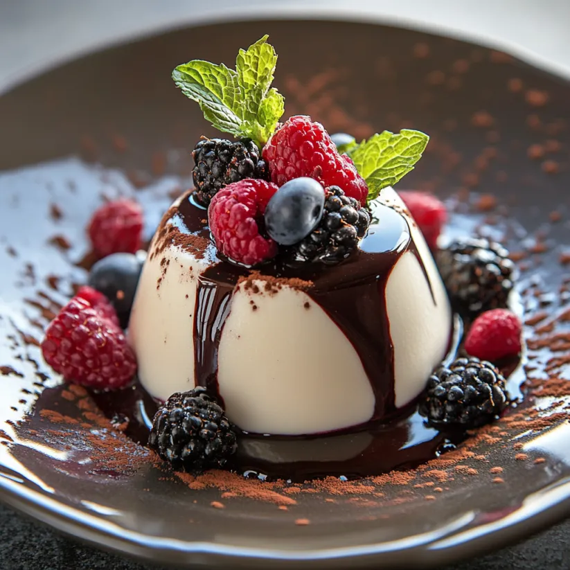 Ein Teller mit Nachtisch, getoppt mit Schokosauce und Beeren.