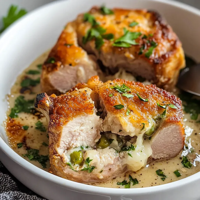 Eine Schüssel mit gefüllten Schweinekoteletts.