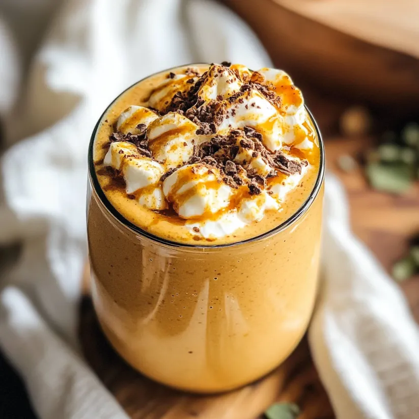 Ein Glas cremiger Kürbis-Ingwer-Smoothie.