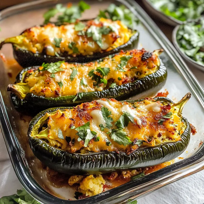 Eine Portion gefüllte Paprika mit Kräutern und geschmolzenem Käse.