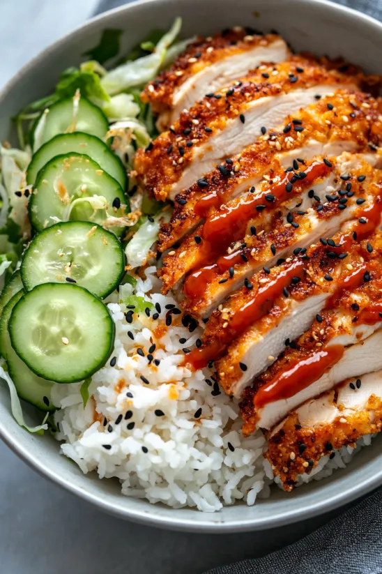 Eine Schale mit Essen – darin Tofu, Reis und Gurke.