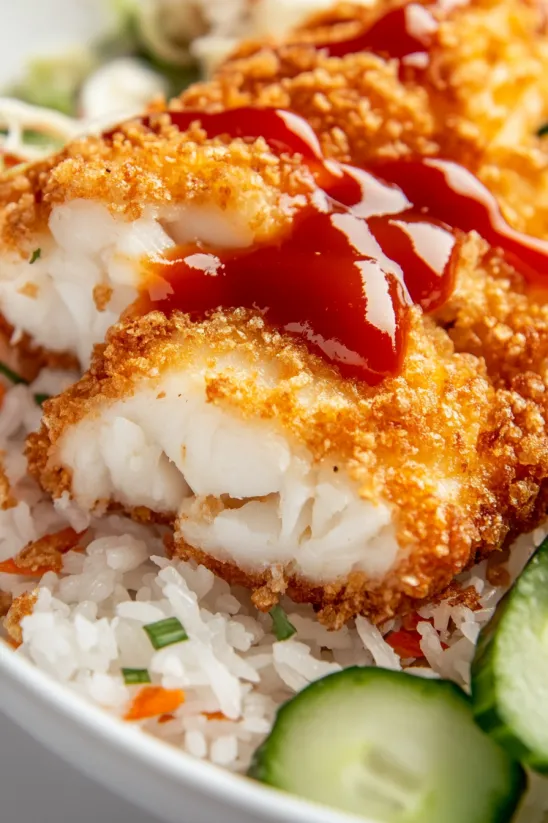 Ein Stück gebratener Tofu mit Ketchup obendrauf.
