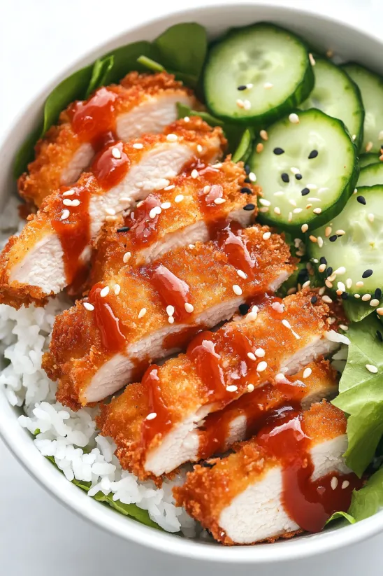 Eine Schüssel voller Essen mit knusprigem Tofu und frischer Gurke.