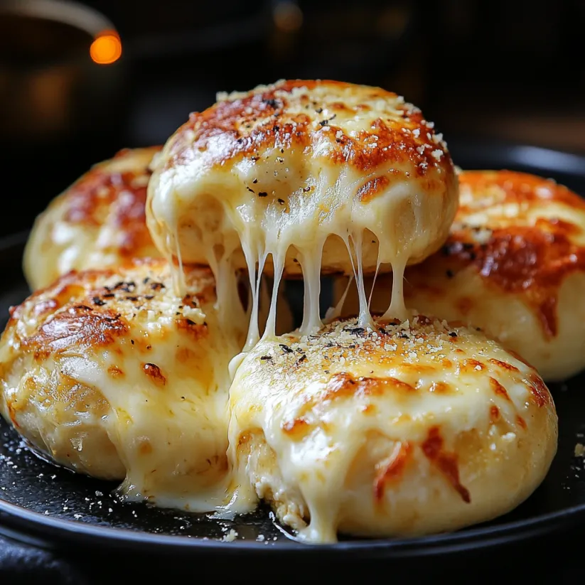 Ein Teller voll mit gebackenen Brötchen und zerlaufenem Käse.
