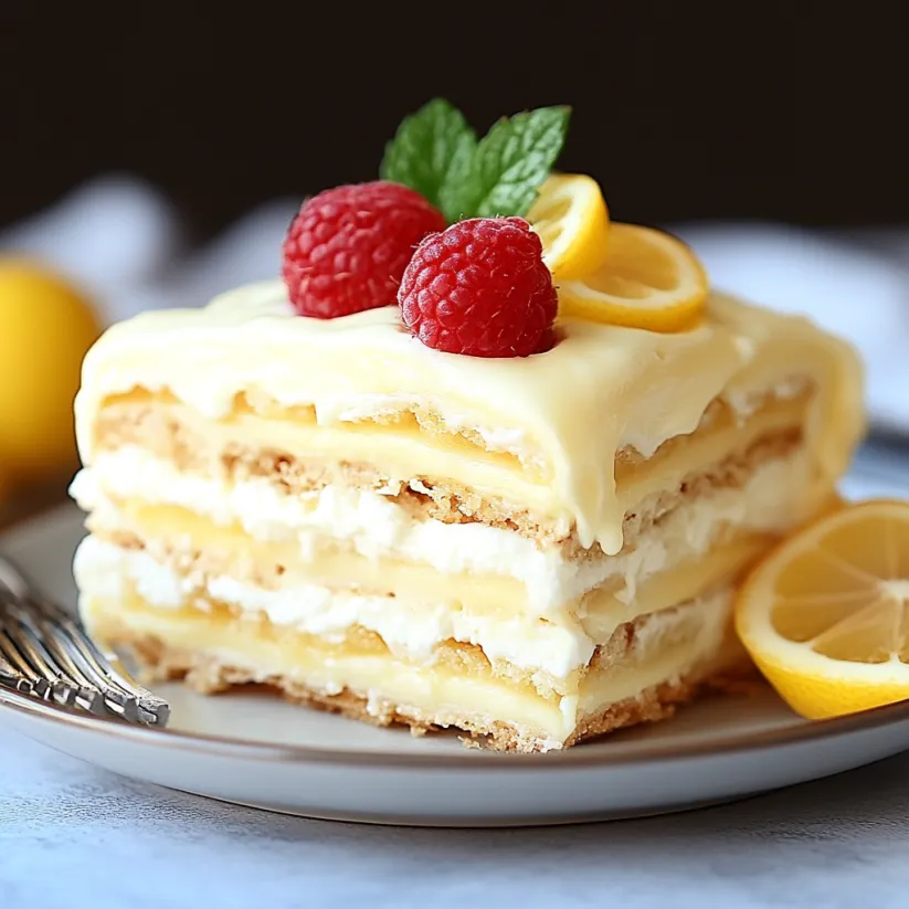 Ein Stück Zitronentorte mit Himbeeren on top.