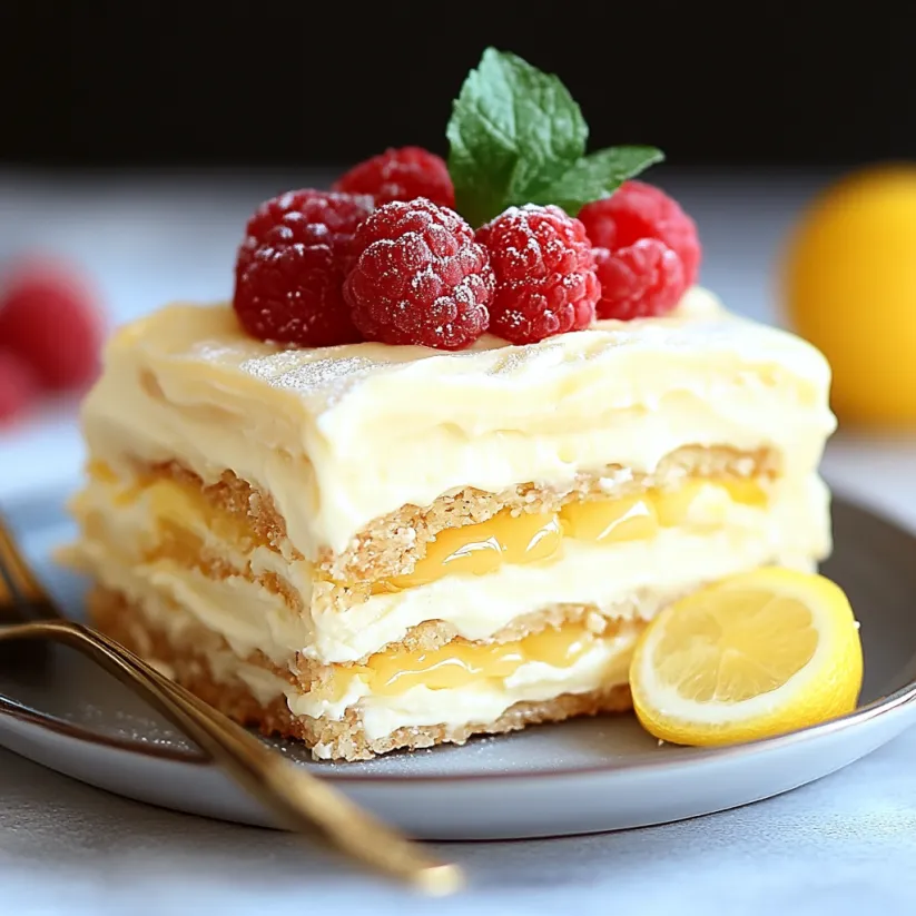 Ein Stück Zitronenkuchen, garniert mit einer Zitronenscheibe.