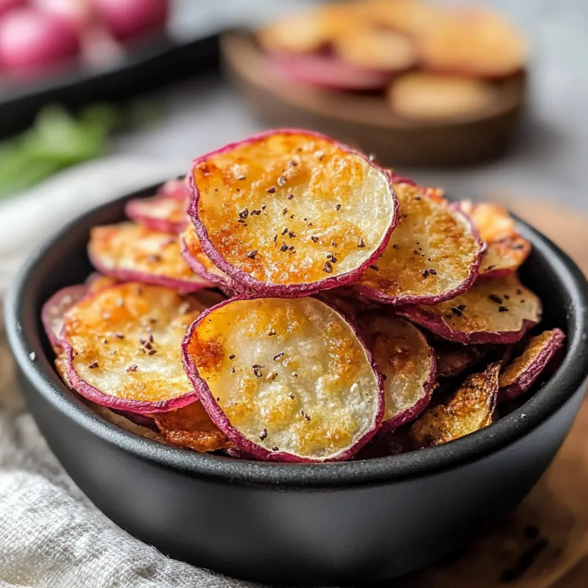 Eine Schale voll Rettich-Chips aus dem Airfryer.
