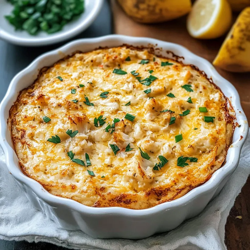 Eine Schale Krabbendip mit Zitronenschnitz daneben.